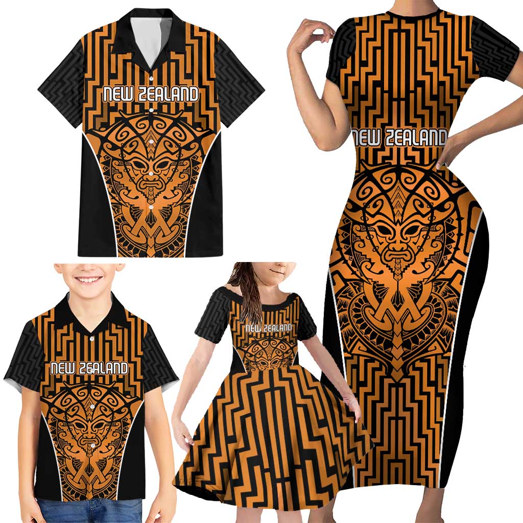 Custom Basketball New Zealand Family Matching Short Sleeve Bodycon Dress and Hawaiian Shirt Gold Maori Ta Moko Indigenous LT9 - Polynesian Pride