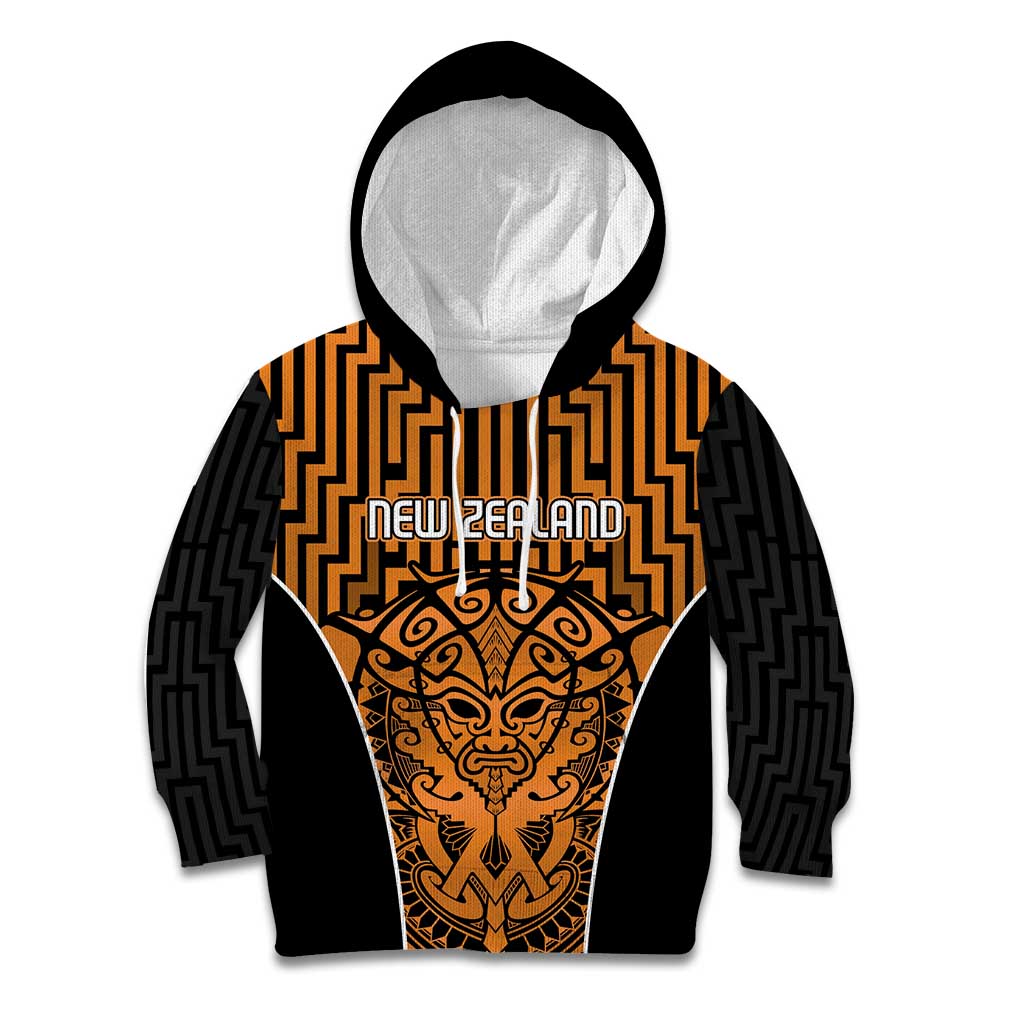 Custom Basketball New Zealand Kid Hoodie Gold Maori Ta Moko Indigenous LT9 Hoodie Gold - Polynesian Pride