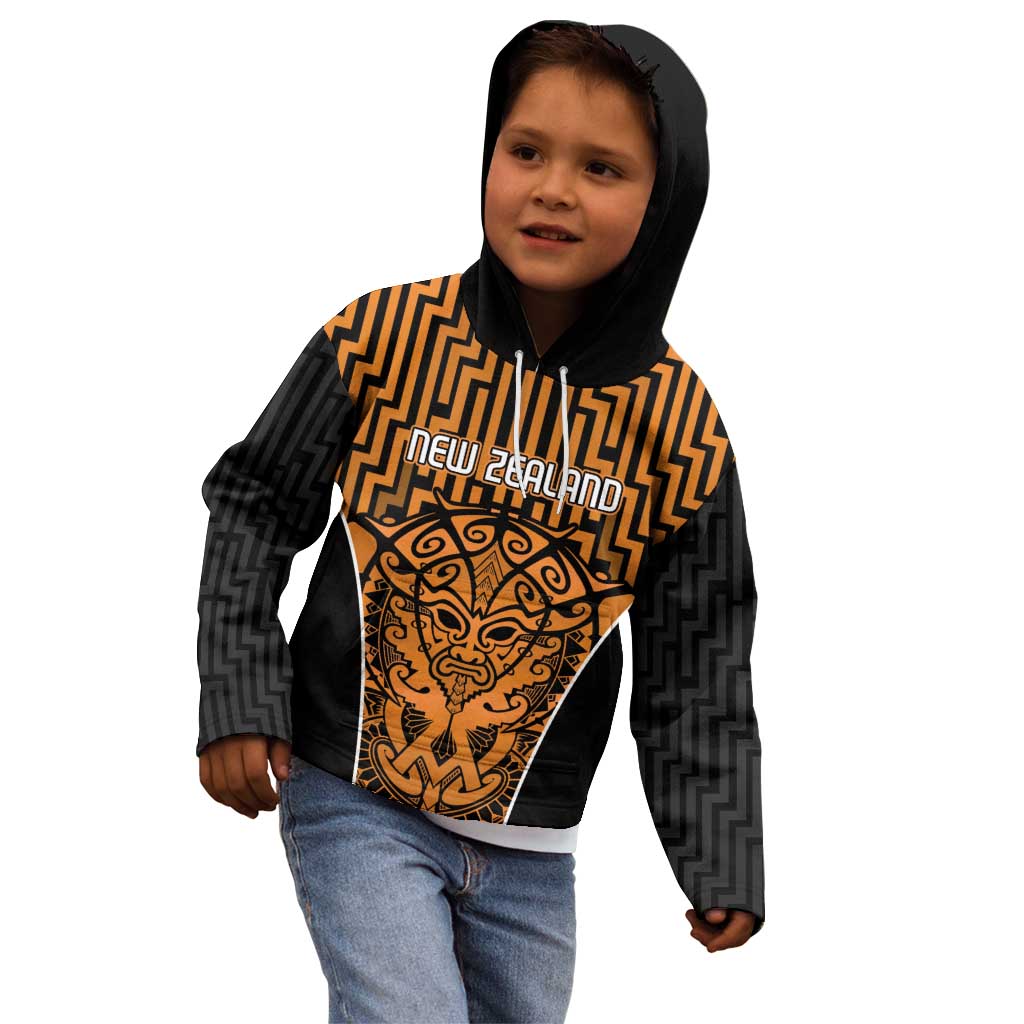 Custom Basketball New Zealand Kid Hoodie Gold Maori Ta Moko Indigenous LT9 - Polynesian Pride