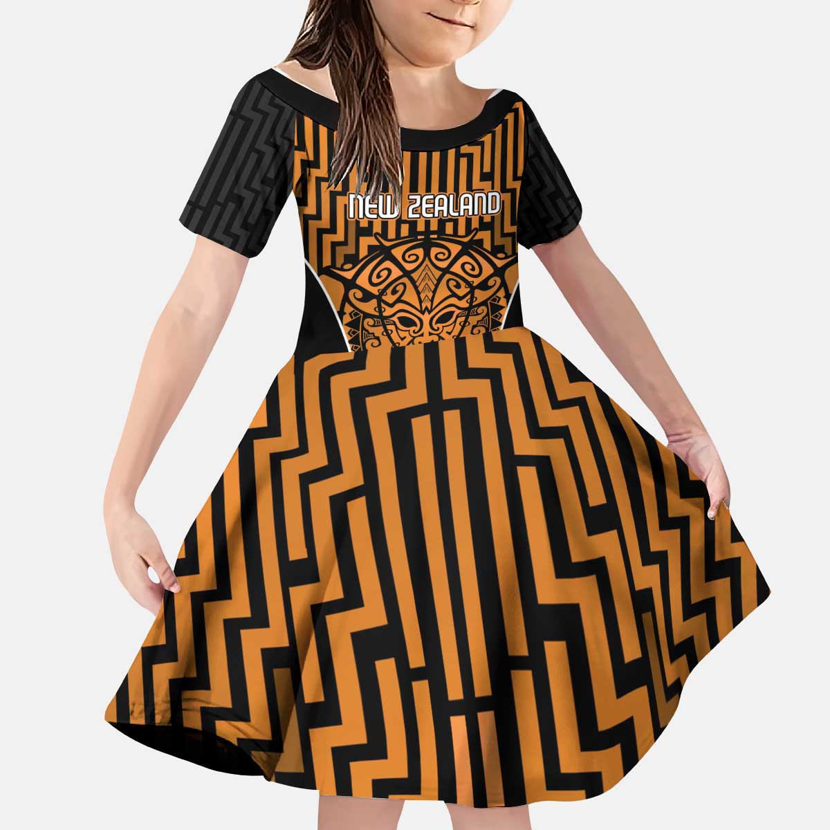 Custom Basketball New Zealand Kid Short Sleeve Dress Gold Maori Ta Moko Indigenous LT9 KID Gold - Polynesian Pride