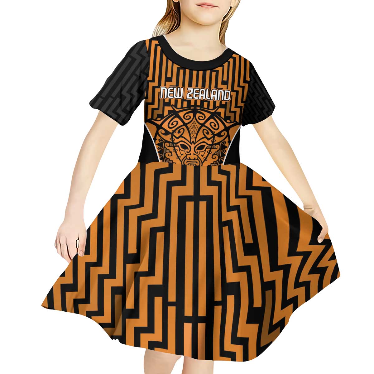 Custom Basketball New Zealand Kid Short Sleeve Dress Gold Maori Ta Moko Indigenous LT9 - Polynesian Pride