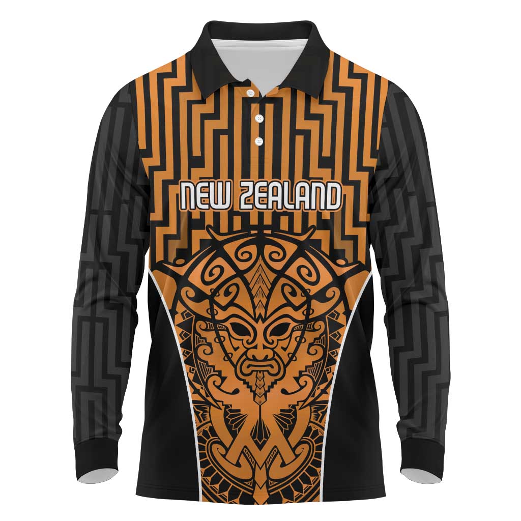 Custom Basketball New Zealand Long Sleeve Polo Shirt Gold Maori Ta Moko Indigenous LT9 Gold - Polynesian Pride