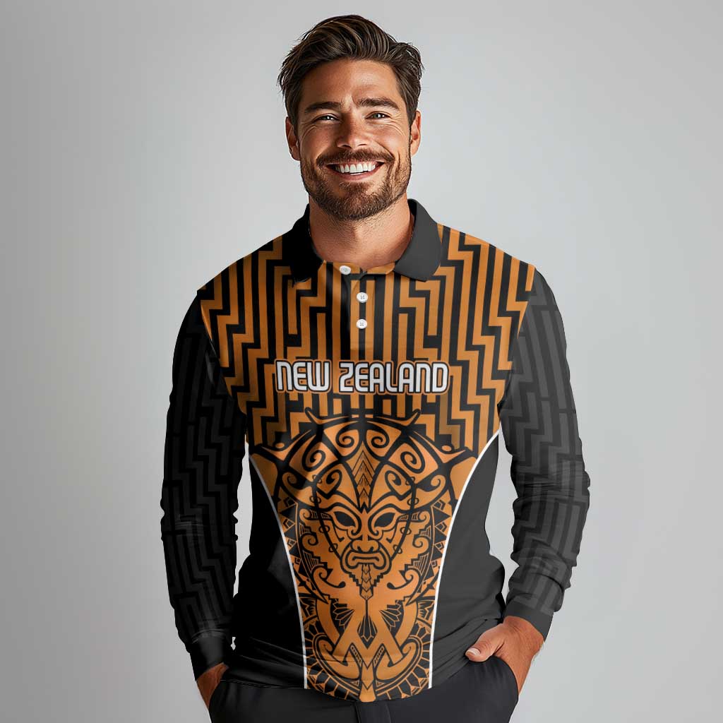 Custom Basketball New Zealand Long Sleeve Polo Shirt Gold Maori Ta Moko Indigenous LT9 - Polynesian Pride