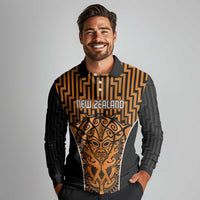 Custom Basketball New Zealand Long Sleeve Polo Shirt Gold Maori Ta Moko Indigenous LT9 - Polynesian Pride