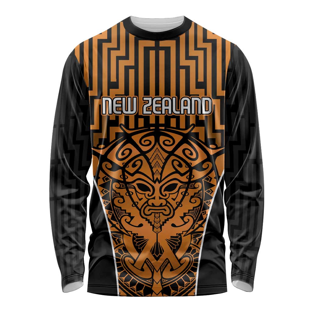 Custom Basketball New Zealand Long Sleeve Shirt Gold Maori Ta Moko Indigenous - Polynesian Pride