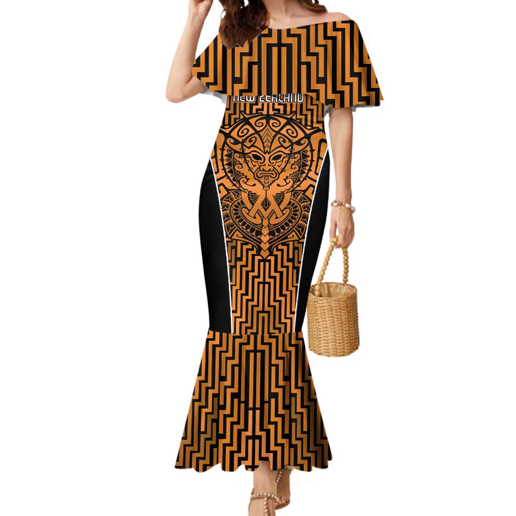 Custom Basketball New Zealand Mermaid Dress Gold Maori Ta Moko Indigenous LT9 Women Gold - Polynesian Pride