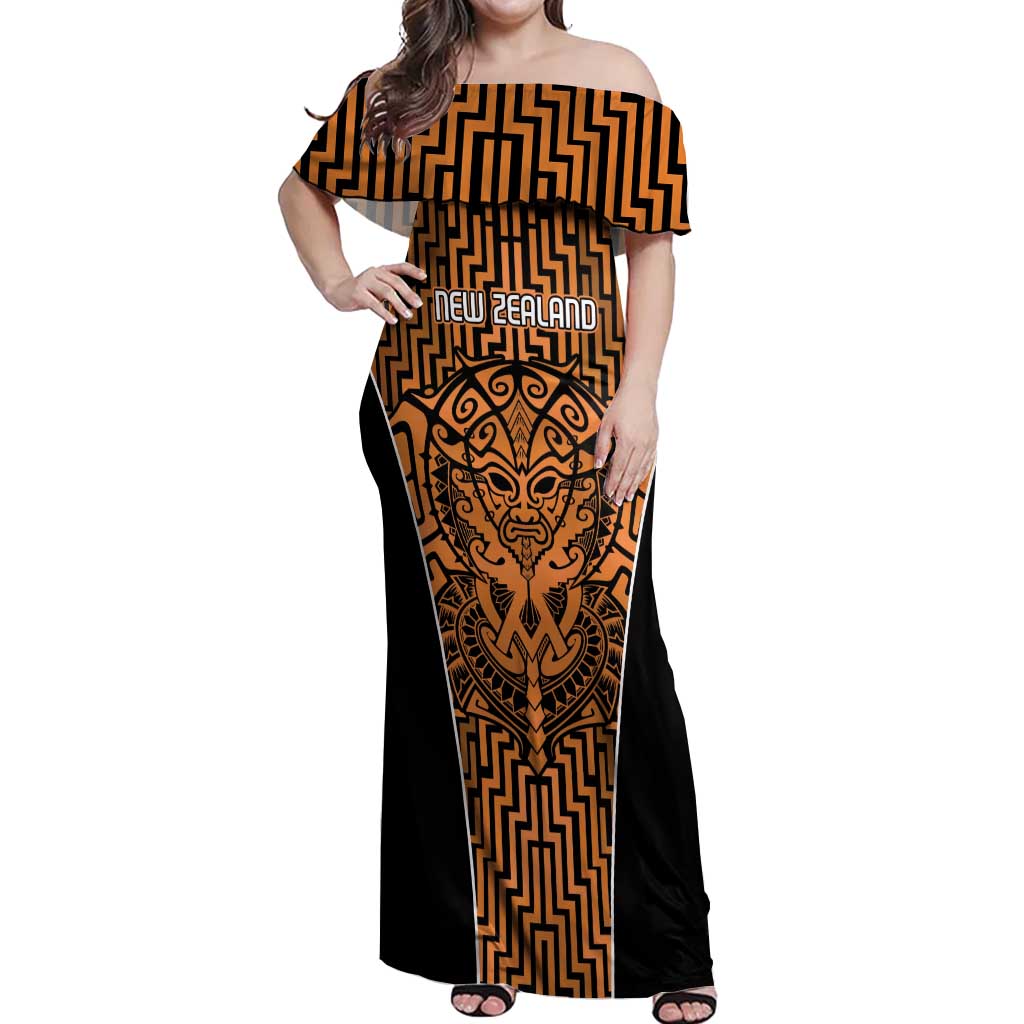 Custom Basketball New Zealand Off Shoulder Maxi Dress Gold Maori Ta Moko Indigenous LT9 Women Gold - Polynesian Pride