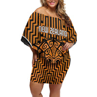 Custom Basketball New Zealand Off Shoulder Short Dress Gold Maori Ta Moko Indigenous LT9 Women Gold - Polynesian Pride