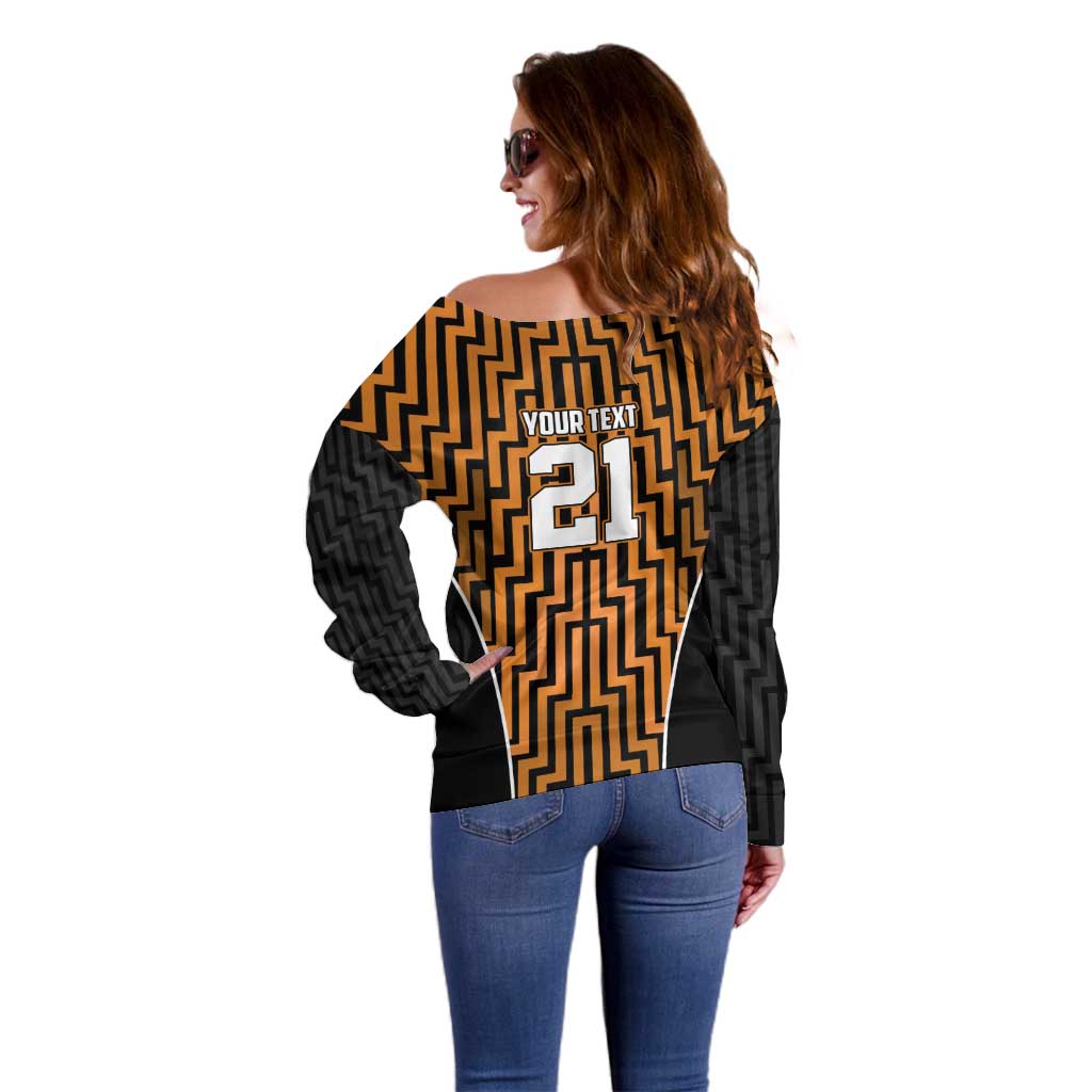 Custom Basketball New Zealand Off Shoulder Sweater Gold Maori Ta Moko Indigenous - Polynesian Pride