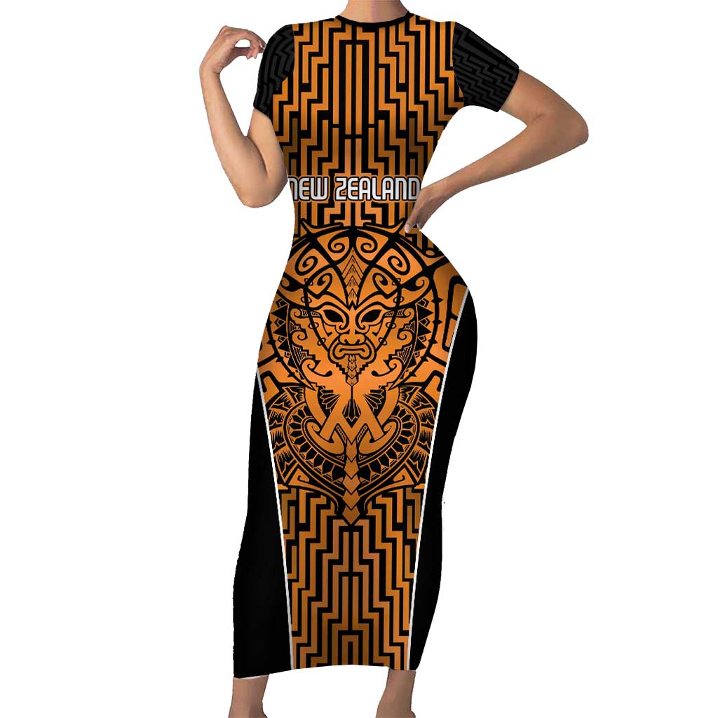 Custom Basketball New Zealand Short Sleeve Bodycon Dress Gold Maori Ta Moko Indigenous LT9 Long Dress Gold - Polynesian Pride