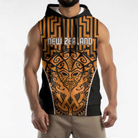 Custom Basketball New Zealand Sleeveless Hoodie Gold Maori Ta Moko Indigenous LT9 - Polynesian Pride