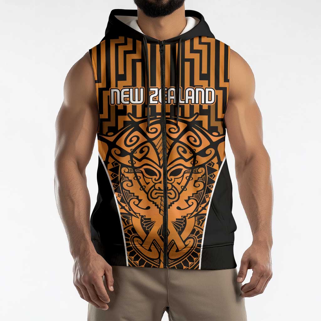 Custom Basketball New Zealand Sleeveless Zip Hoodie Gold Maori Ta Moko Indigenous LT9 - Polynesian Pride
