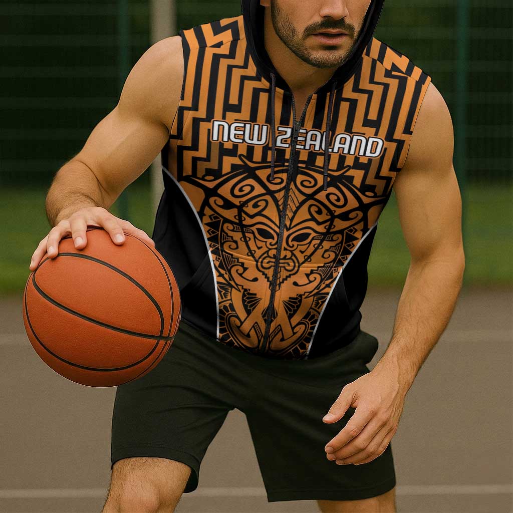 Custom Basketball New Zealand Sleeveless Zip Hoodie Gold Maori Ta Moko Indigenous LT9 - Polynesian Pride