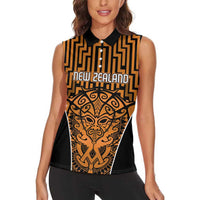 Custom Basketball New Zealand Women Sleeveless Polo Shirt Gold Maori Ta Moko Indigenous LT9 - Polynesian Pride