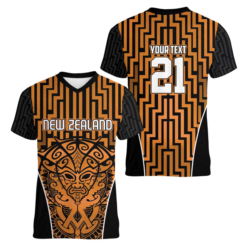 Custom Basketball New Zealand Women V-Neck T-Shirt Gold Maori Ta Moko Indigenous LT9 - Polynesian Pride