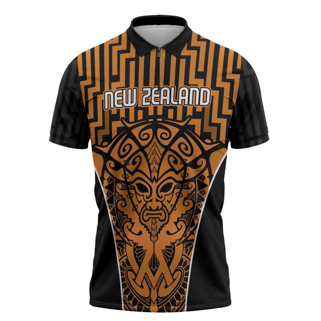 Custom Basketball New Zealand Zipper Polo Shirt Gold Maori Ta Moko Indigenous LT9 Gold - Polynesian Pride
