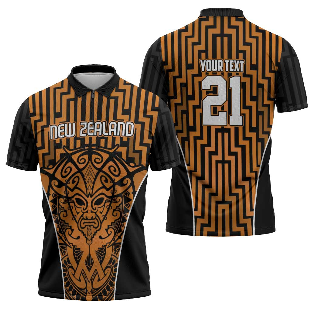 Custom Basketball New Zealand Zipper Polo Shirt Gold Maori Ta Moko Indigenous LT9 - Polynesian Pride