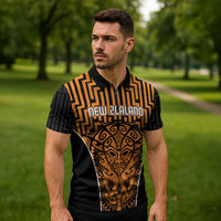 Custom Basketball New Zealand Zipper Polo Shirt Gold Maori Ta Moko Indigenous LT9 - Polynesian Pride