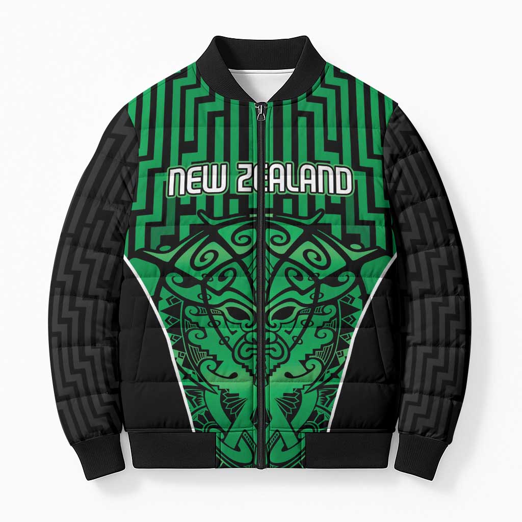 Custom Basketball New Zealand Bomber Puffer Jacket Green Maori Ta Moko Indigenous - Polynesian Pride