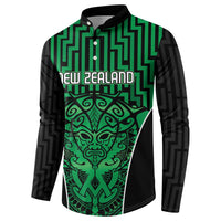 Custom Basketball New Zealand Button Sweatshirt Green Maori Ta Moko Indigenous - Polynesian Pride