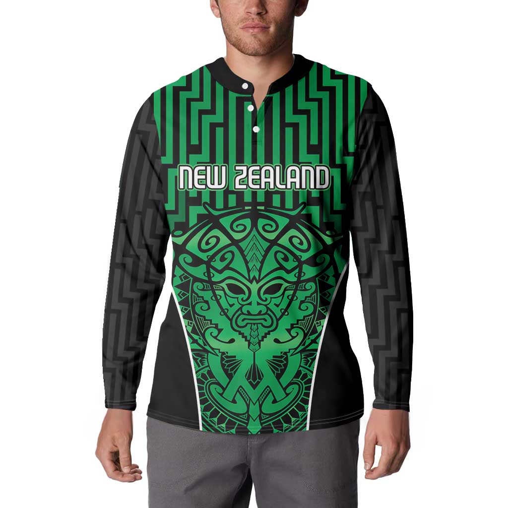 Custom Basketball New Zealand Button Sweatshirt Green Maori Ta Moko Indigenous - Polynesian Pride