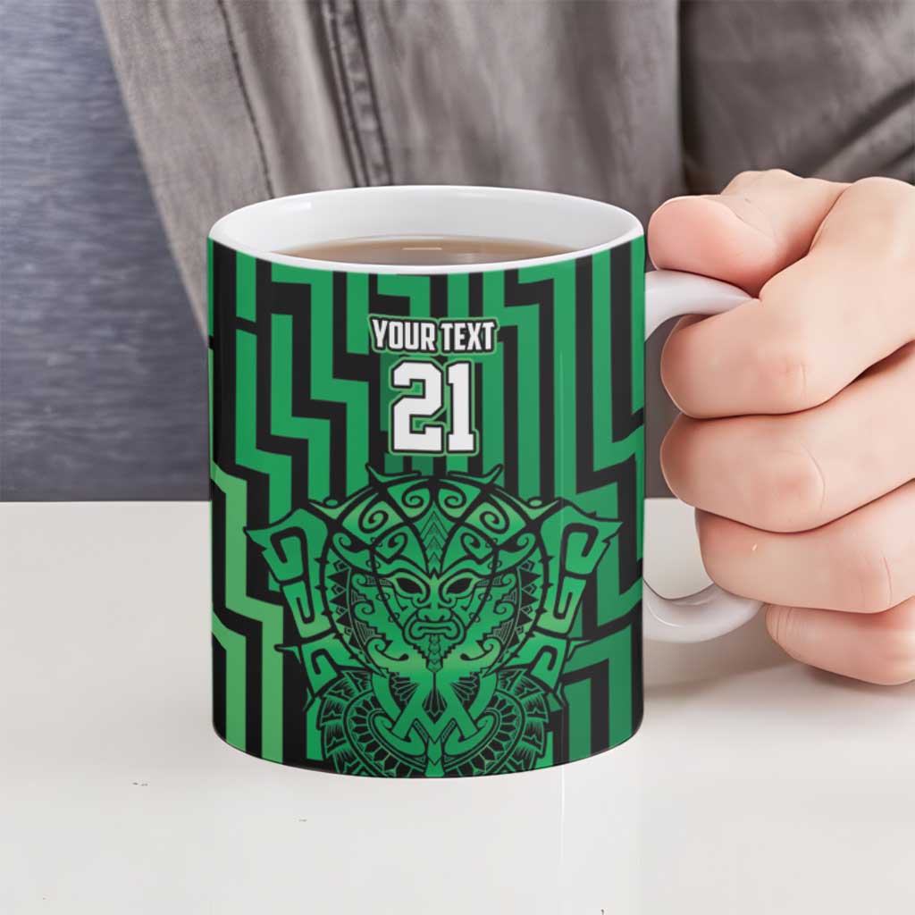 Custom Basketball New Zealand Ceramic Mug Green Maori Ta Moko Indigenous - Polynesian Pride
