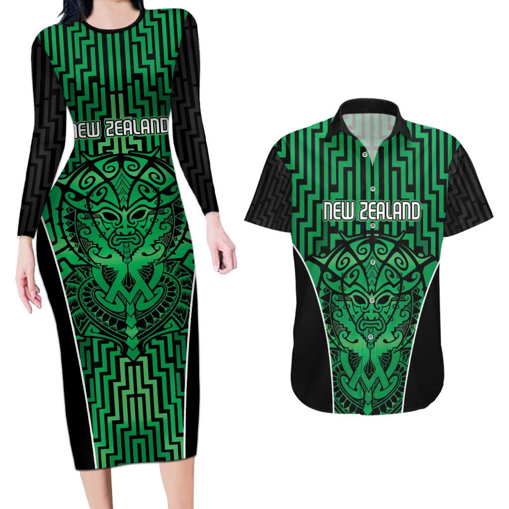 Custom Basketball New Zealand Couples Matching Long Sleeve Bodycon Dress and Hawaiian Shirt Green Maori Ta Moko Indigenous - Polynesian Pride