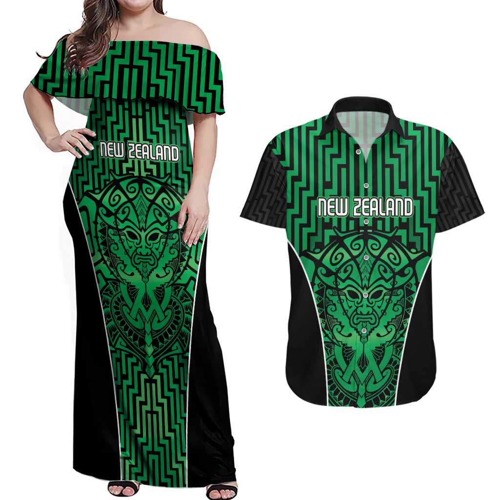 Custom Basketball New Zealand Couples Matching Off Shoulder Maxi Dress and Hawaiian Shirt Green Maori Ta Moko Indigenous LT9 Green - Polynesian Pride