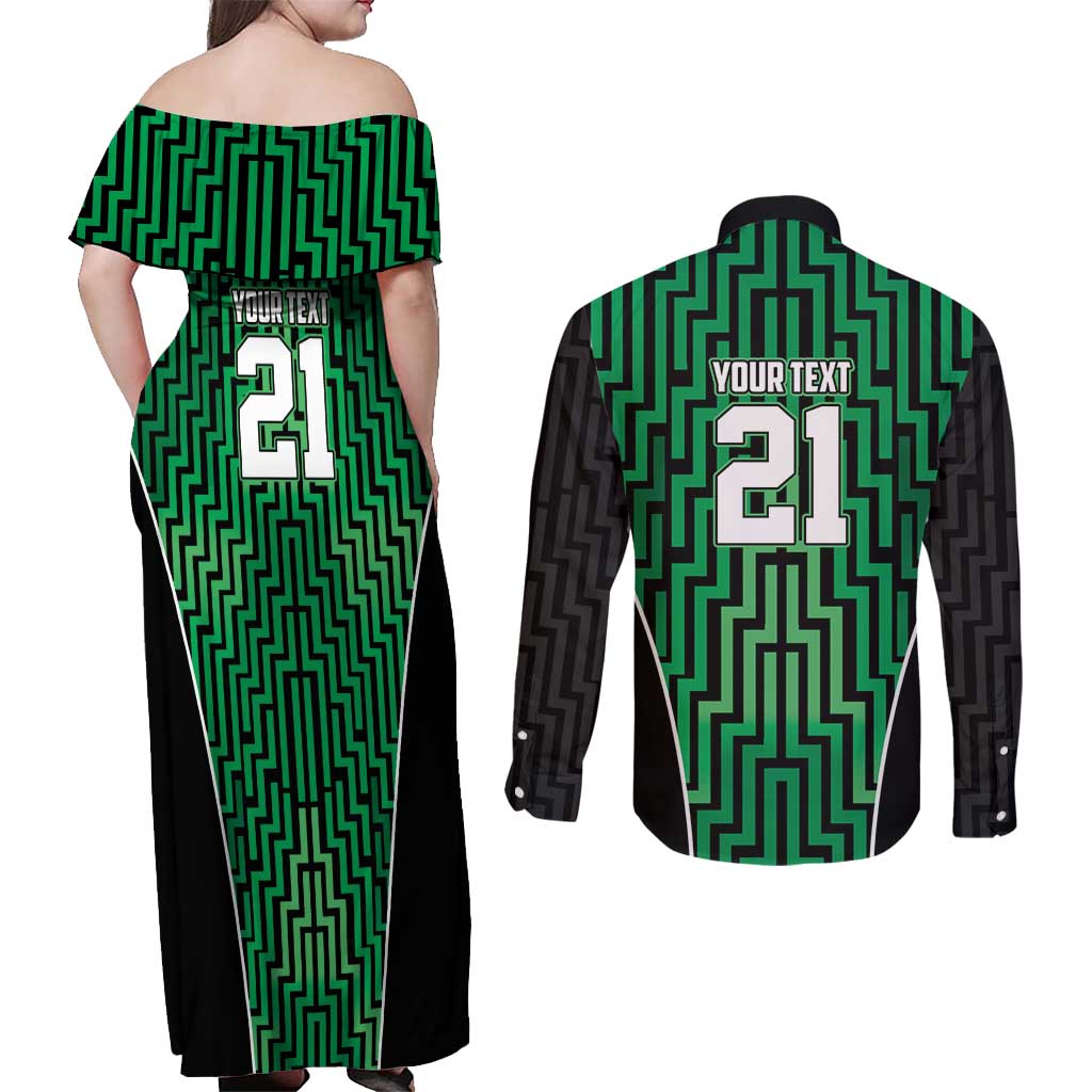 Custom Basketball New Zealand Couples Matching Off Shoulder Maxi Dress and Long Sleeve Button Shirt Green Maori Ta Moko Indigenous LT9 - Polynesian Pride
