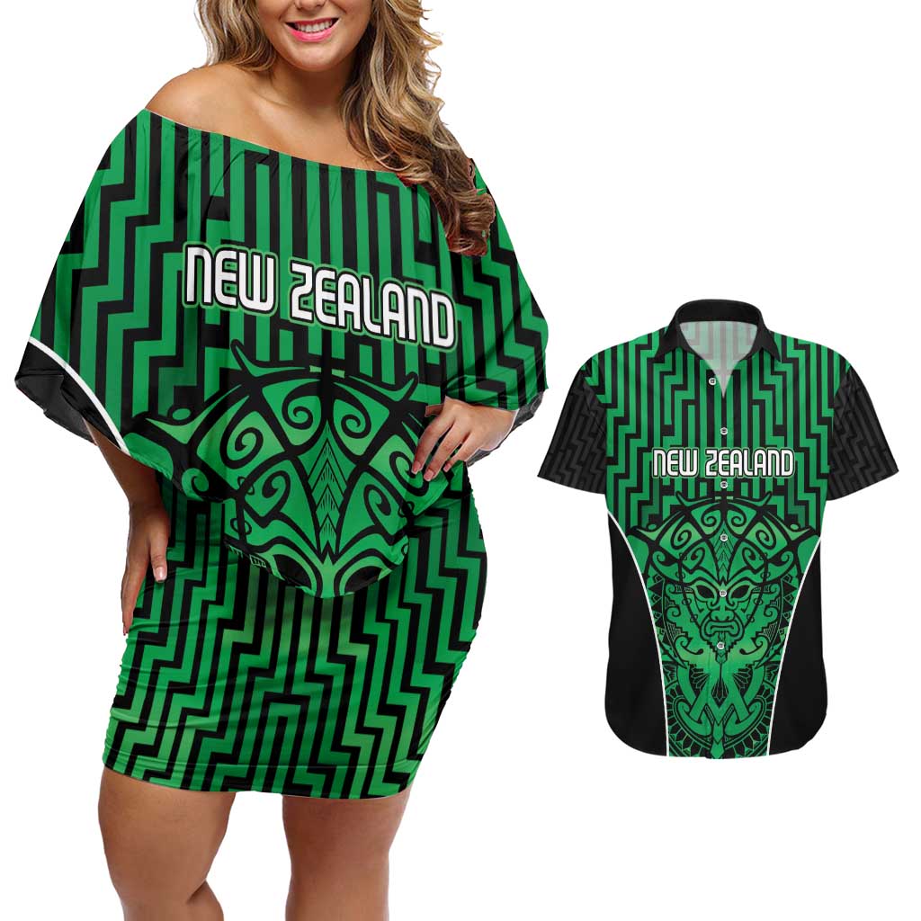Custom Basketball New Zealand Couples Matching Off Shoulder Short Dress and Hawaiian Shirt Green Maori Ta Moko Indigenous LT9 Green - Polynesian Pride