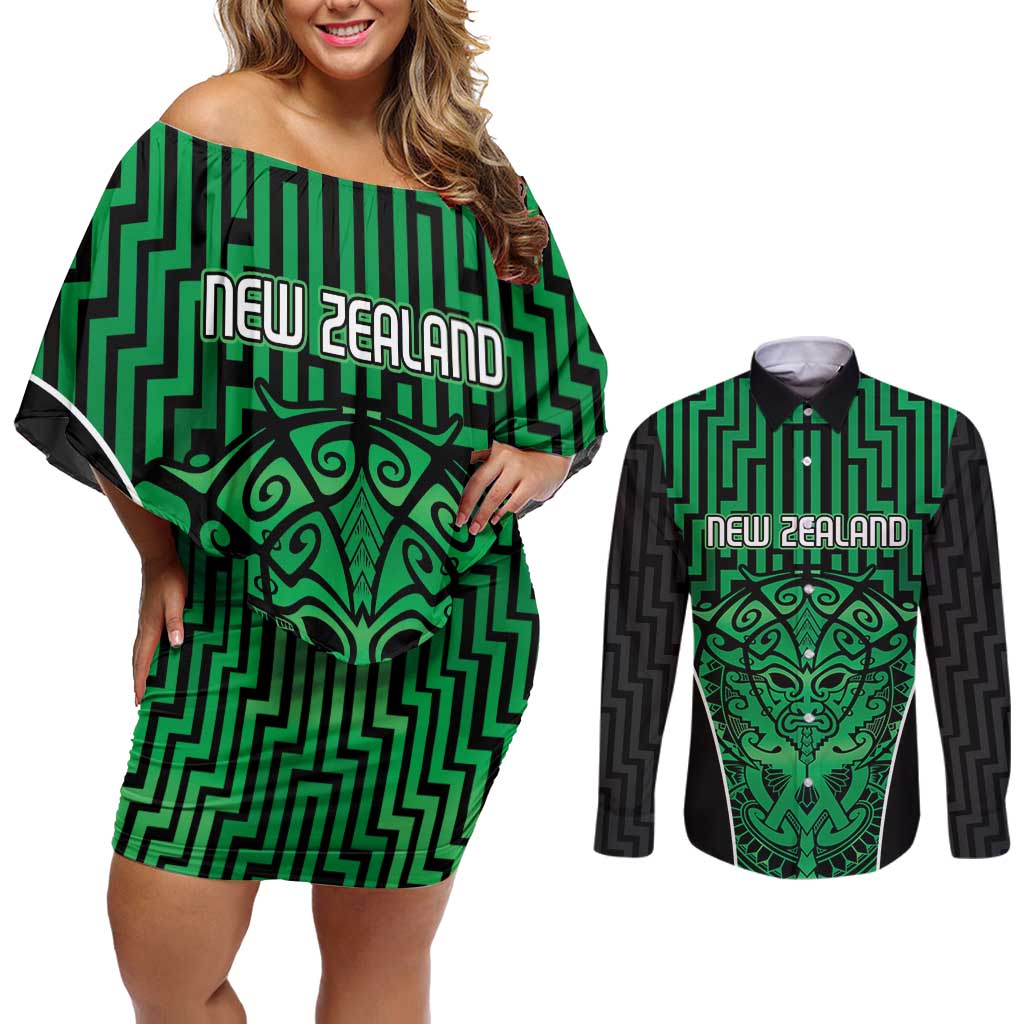 Custom Basketball New Zealand Couples Matching Off Shoulder Short Dress and Long Sleeve Button Shirt Green Maori Ta Moko Indigenous LT9 Green - Polynesian Pride