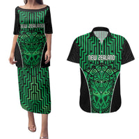 Custom Basketball New Zealand Couples Matching Puletasi and Hawaiian Shirt Green Maori Ta Moko Indigenous - Polynesian Pride