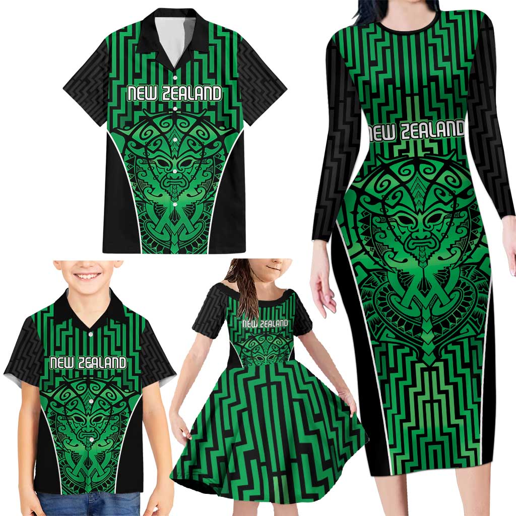 Custom Basketball New Zealand Family Matching Long Sleeve Bodycon Dress and Hawaiian Shirt Green Maori Ta Moko Indigenous - Polynesian Pride