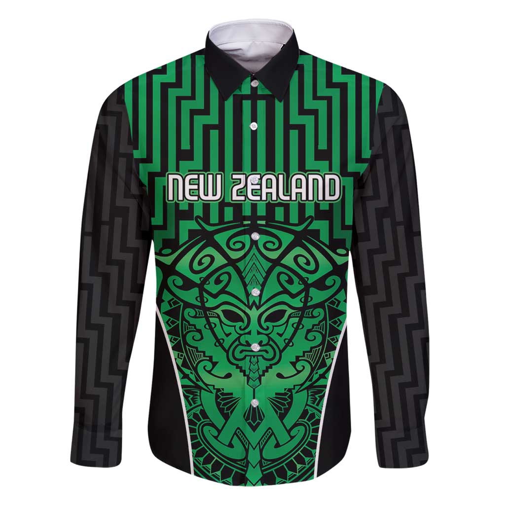 Custom Basketball New Zealand Family Matching Long Sleeve Bodycon Dress and Hawaiian Shirt Green Maori Ta Moko Indigenous LT9 Dad's Shirt - Long Sleeve Green - Polynesian Pride