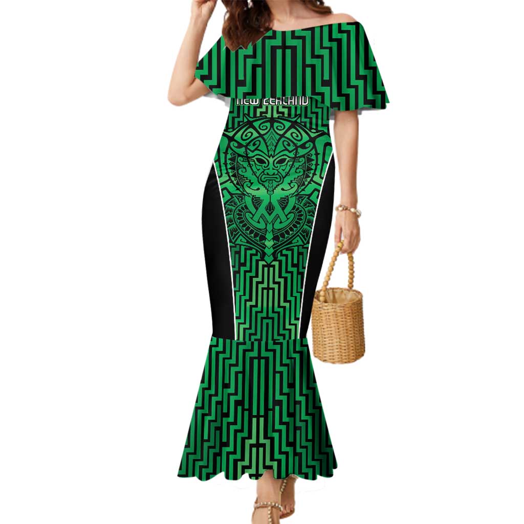Custom Basketball New Zealand Family Matching Mermaid Dress and Hawaiian Shirt Green Maori Ta Moko Indigenous LT9 Mom's Dress Green - Polynesian Pride