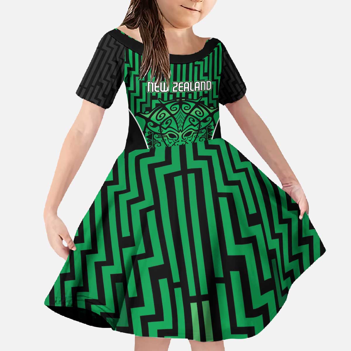 Custom Basketball New Zealand Family Matching Off The Shoulder Long Sleeve Dress and Hawaiian Shirt Green Maori Ta Moko Indigenous LT9 Daughter's Dress Green - Polynesian Pride