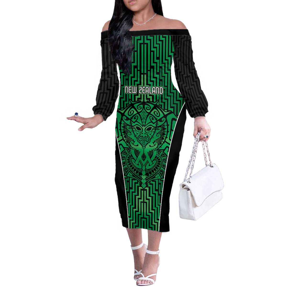 Custom Basketball New Zealand Family Matching Off The Shoulder Long Sleeve Dress and Hawaiian Shirt Green Maori Ta Moko Indigenous LT9 Mom's Dress Green - Polynesian Pride
