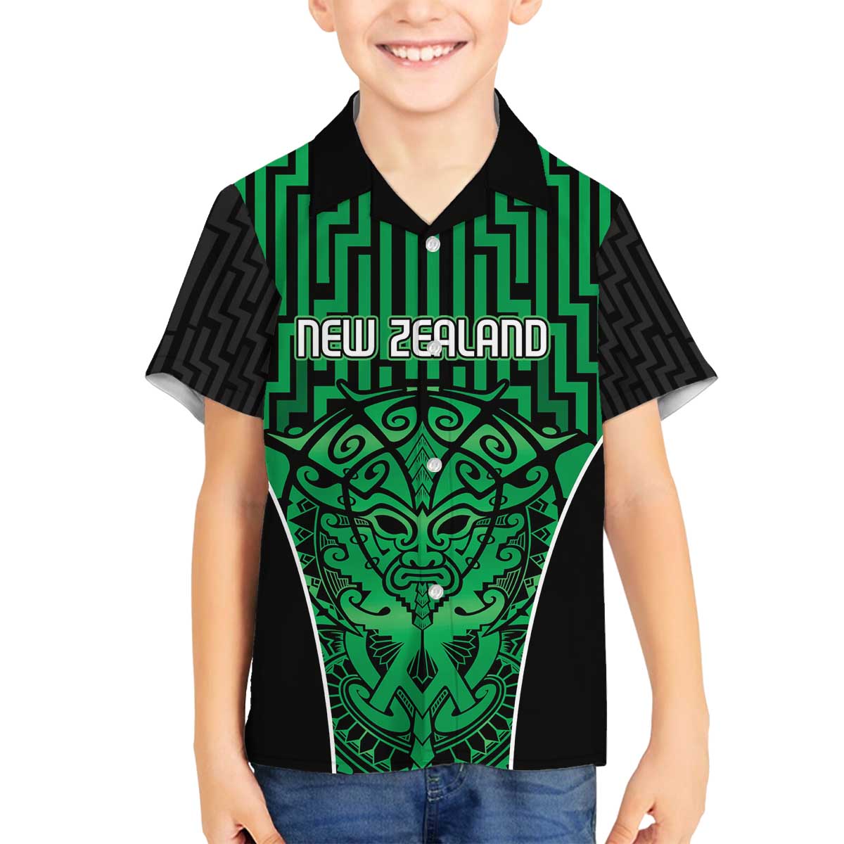 Custom Basketball New Zealand Family Matching Off The Shoulder Long Sleeve Dress and Hawaiian Shirt Green Maori Ta Moko Indigenous LT9 Son's Shirt Green - Polynesian Pride