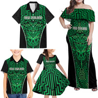 Custom Basketball New Zealand Family Matching Off Shoulder Maxi Dress and Hawaiian Shirt Green Maori Ta Moko Indigenous LT9 - Polynesian Pride