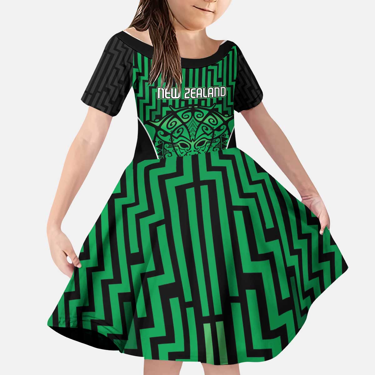 Custom Basketball New Zealand Kid Short Sleeve Dress Green Maori Ta Moko Indigenous LT9 KID Green - Polynesian Pride