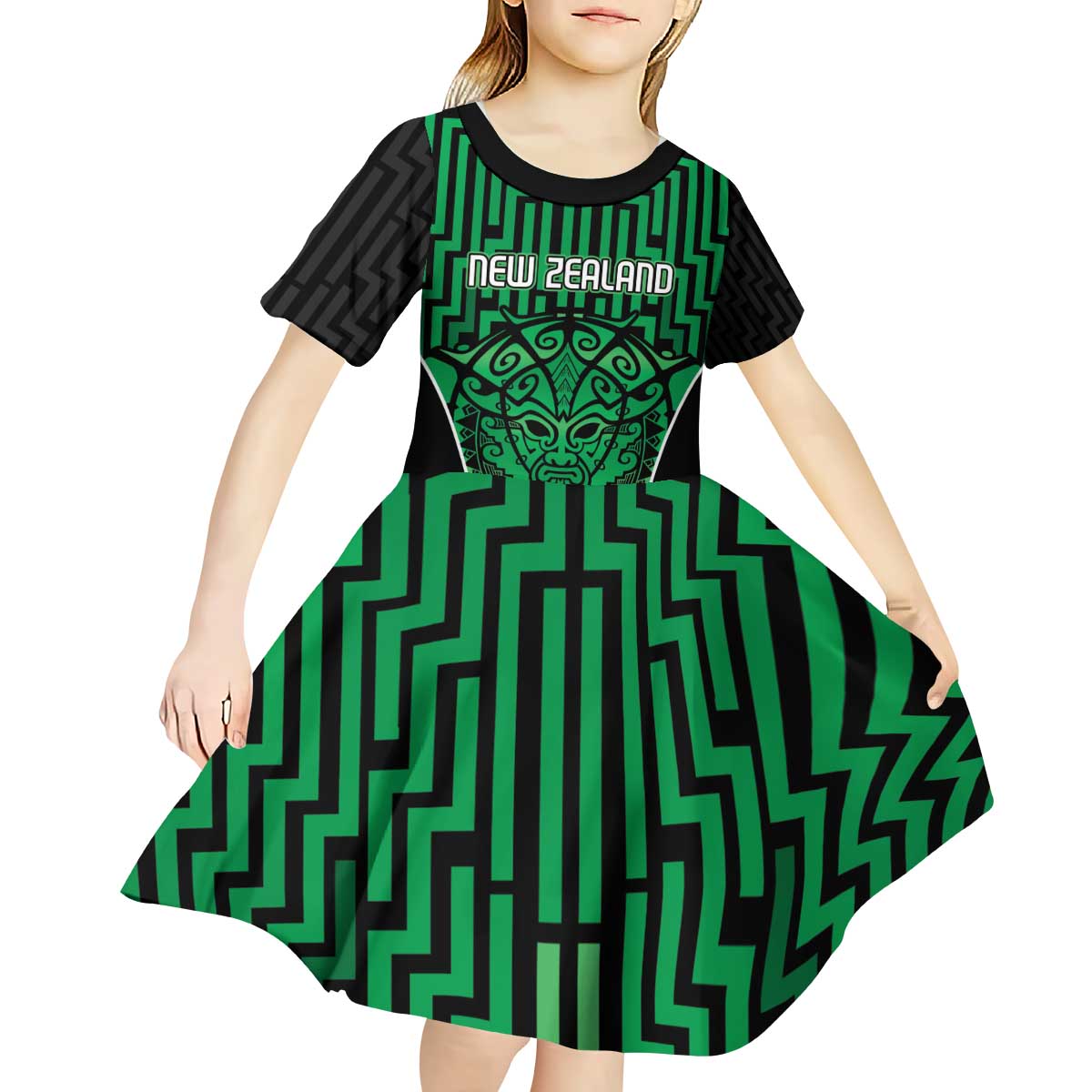 Custom Basketball New Zealand Kid Short Sleeve Dress Green Maori Ta Moko Indigenous LT9 - Polynesian Pride