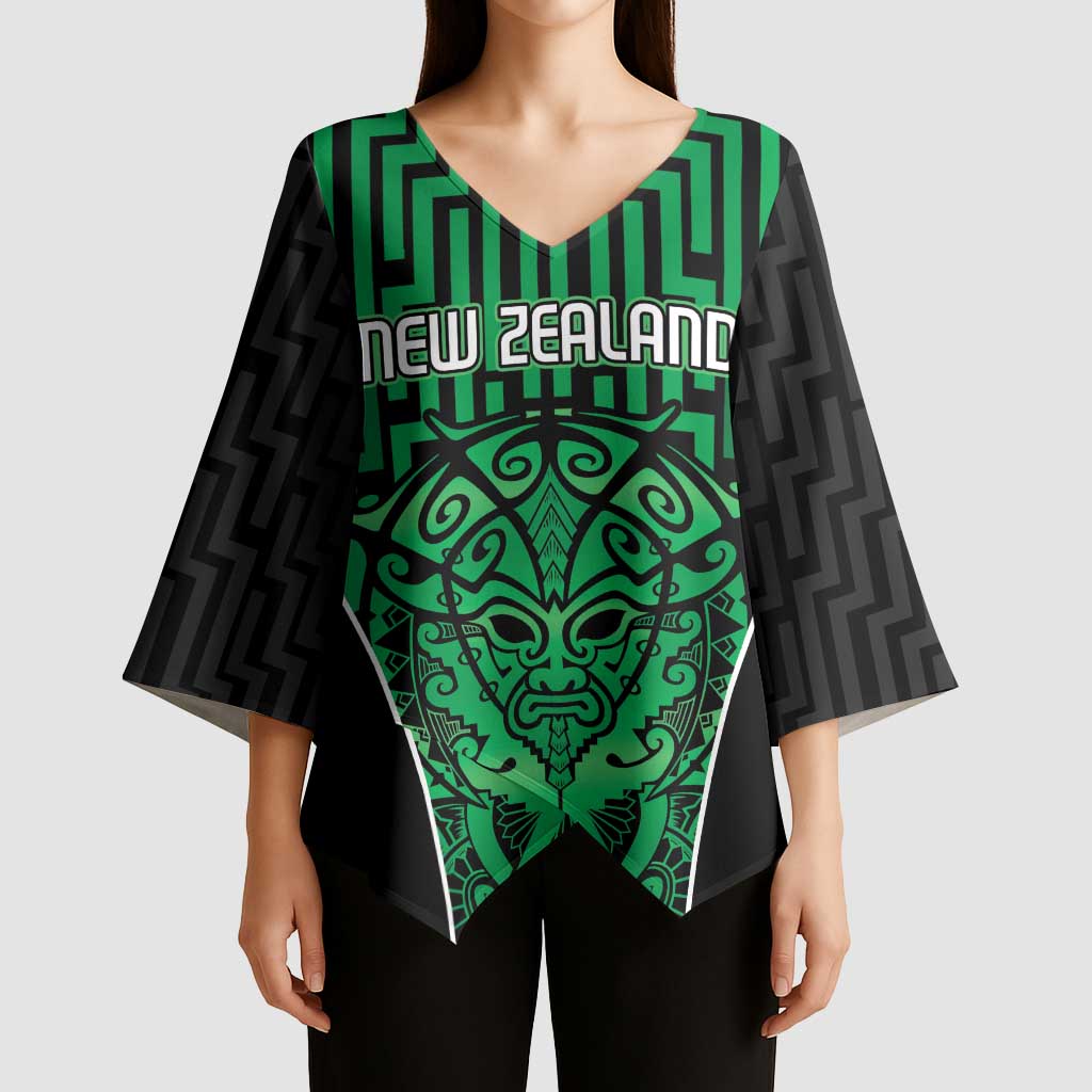 Custom Basketball New Zealand Kimono Sleeve Blouse Green Maori Ta Moko Indigenous LT9 - Polynesian Pride