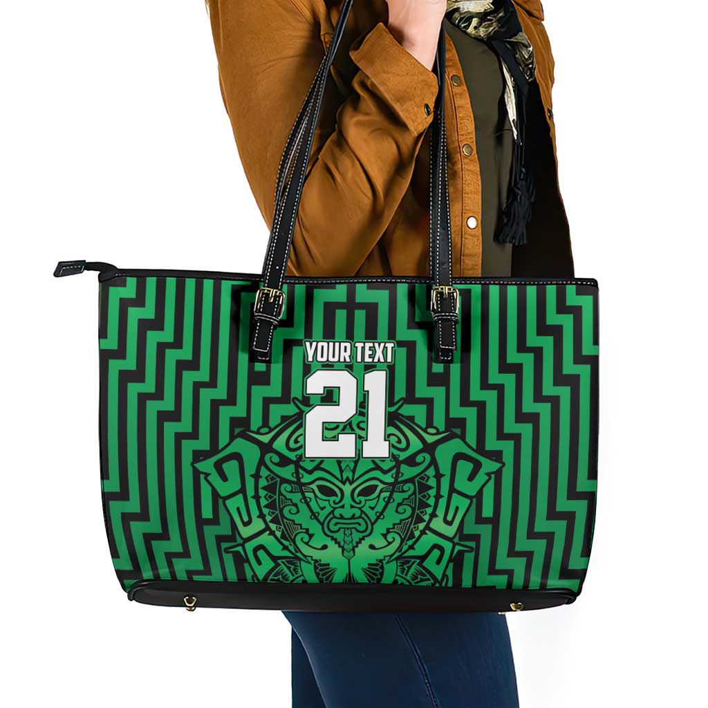 Custom Basketball New Zealand Leather Tote Bag Green Maori Ta Moko Indigenous LT9 - Polynesian Pride