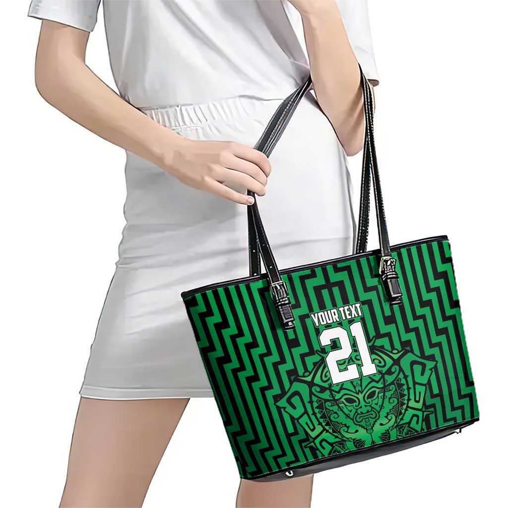 Custom Basketball New Zealand Leather Tote Bag Green Maori Ta Moko Indigenous LT9 - Polynesian Pride