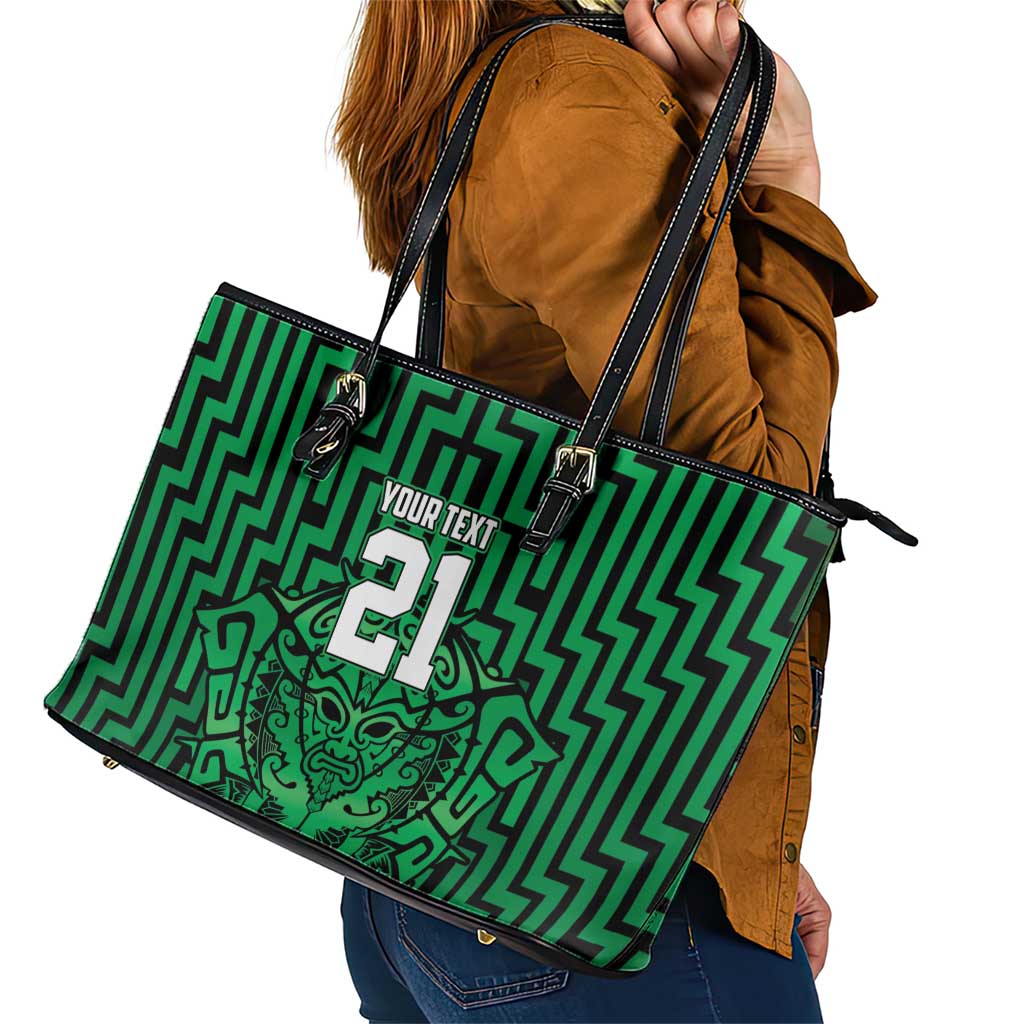 Custom Basketball New Zealand Leather Tote Bag Green Maori Ta Moko Indigenous LT9 - Polynesian Pride