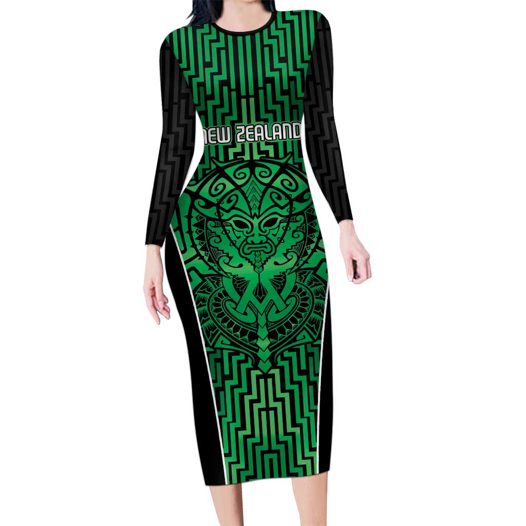 Custom Basketball New Zealand Long Sleeve Bodycon Dress Green Maori Ta Moko Indigenous LT9 Long Dress Green - Polynesian Pride