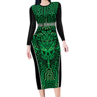 Custom Basketball New Zealand Long Sleeve Bodycon Dress Green Maori Ta Moko Indigenous LT9 Long Dress Green - Polynesian Pride