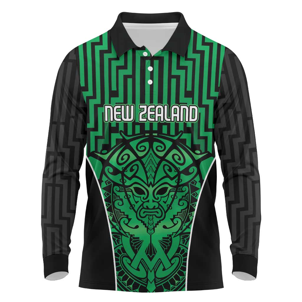 Custom Basketball New Zealand Long Sleeve Polo Shirt Green Maori Ta Moko Indigenous LT9 Green - Polynesian Pride