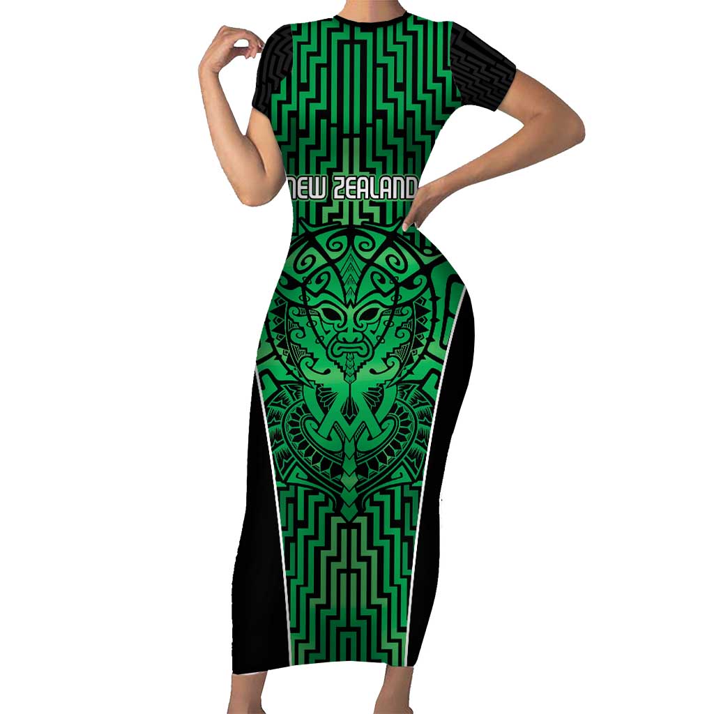 Custom Basketball New Zealand Short Sleeve Bodycon Dress Green Maori Ta Moko Indigenous LT9 Long Dress Green - Polynesian Pride
