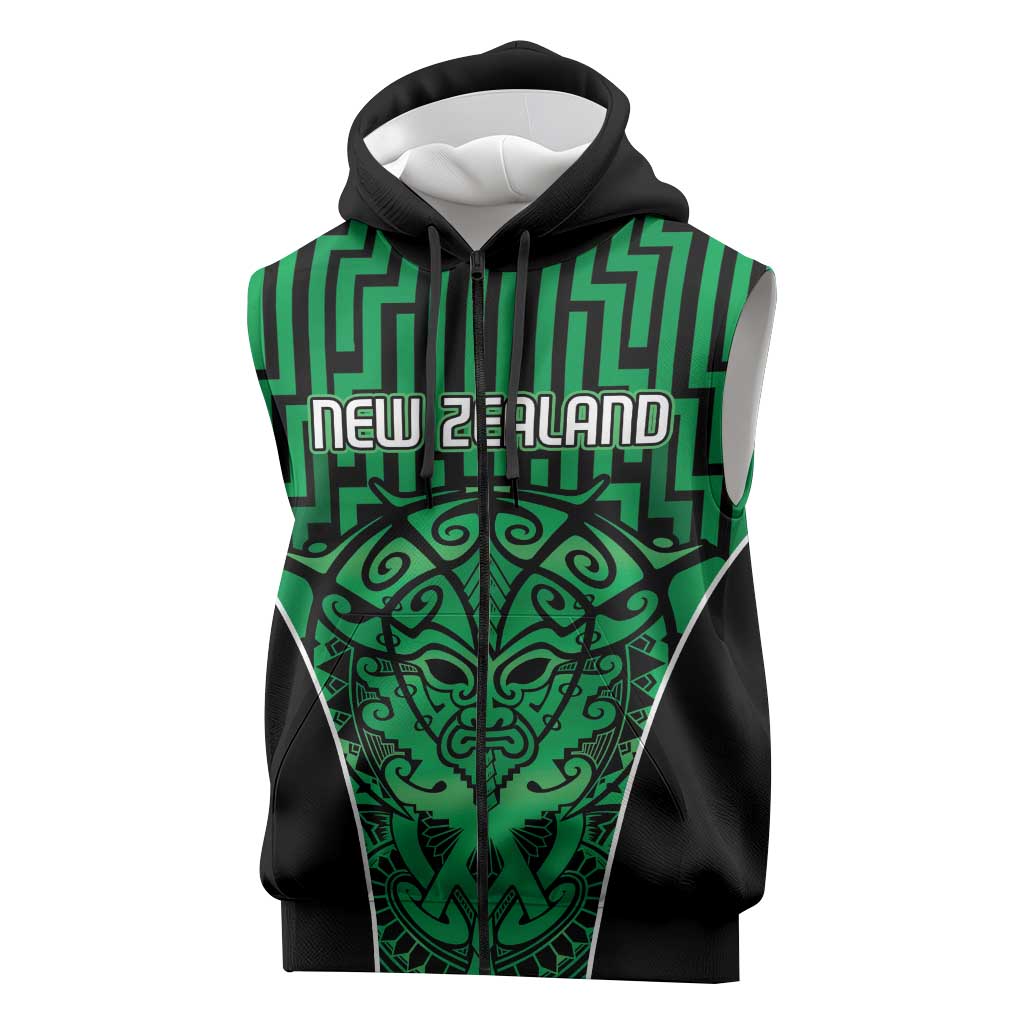 Custom Basketball New Zealand Sleeveless Zip Hoodie Green Maori Ta Moko Indigenous LT9 Green - Polynesian Pride
